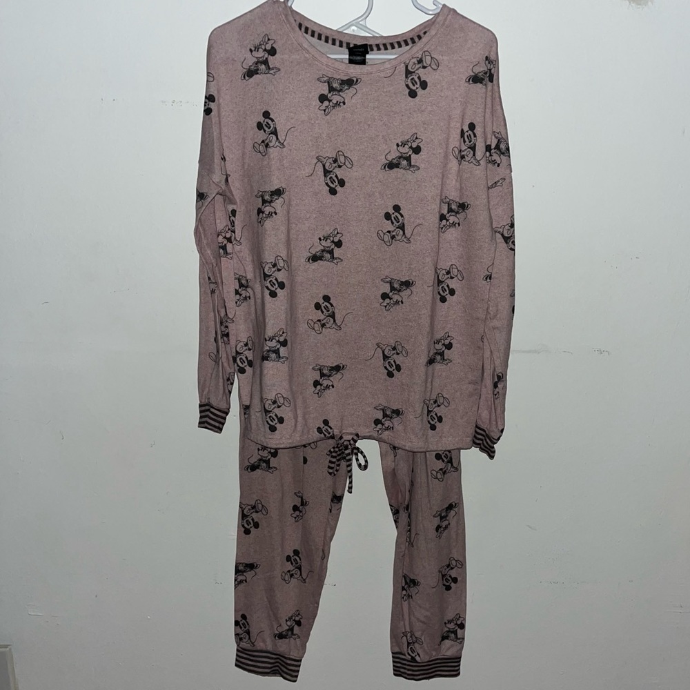 Disney Mickey & Minnie Mouse Pajamas, Pink Adult Sz M - Long Sleeve Top & Pants